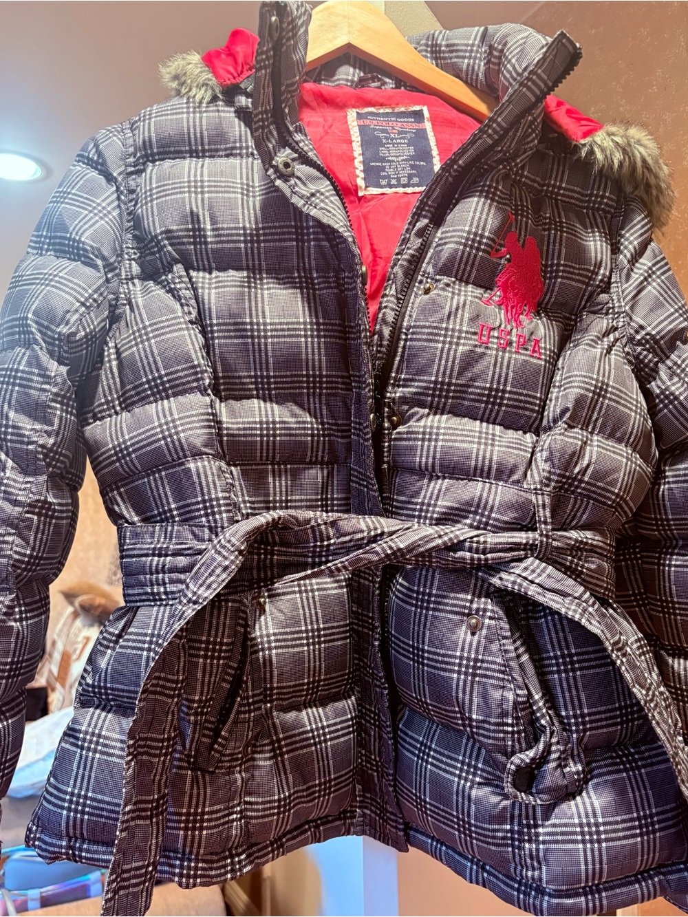 U.S. Polo Assn. Black Plaid Quilted Puffer Jacket with Red Lining. NEW